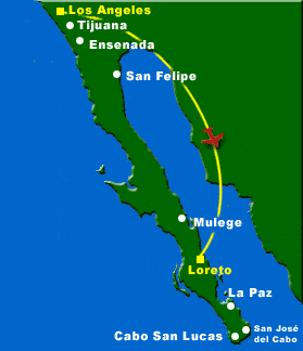 Flight Map to Loreto Mexico for Sea of Cortez Kayaking Tours