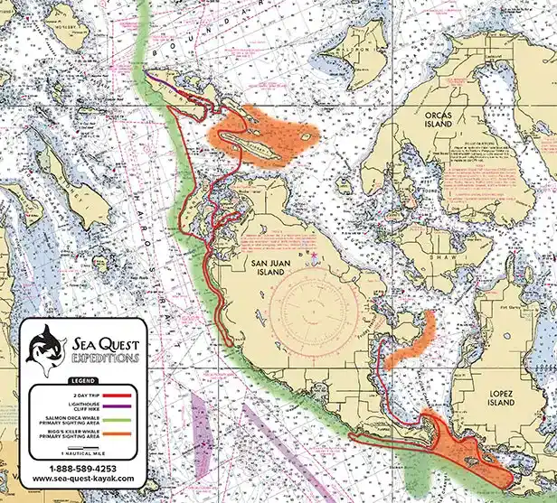 Two-Day San Juan Island Kayaking Tours 2 A nautical map of the San Juan Islands, highlighting various kayaking routes marked in different colors, with the Sea Quest Expeditions logo and contact information.