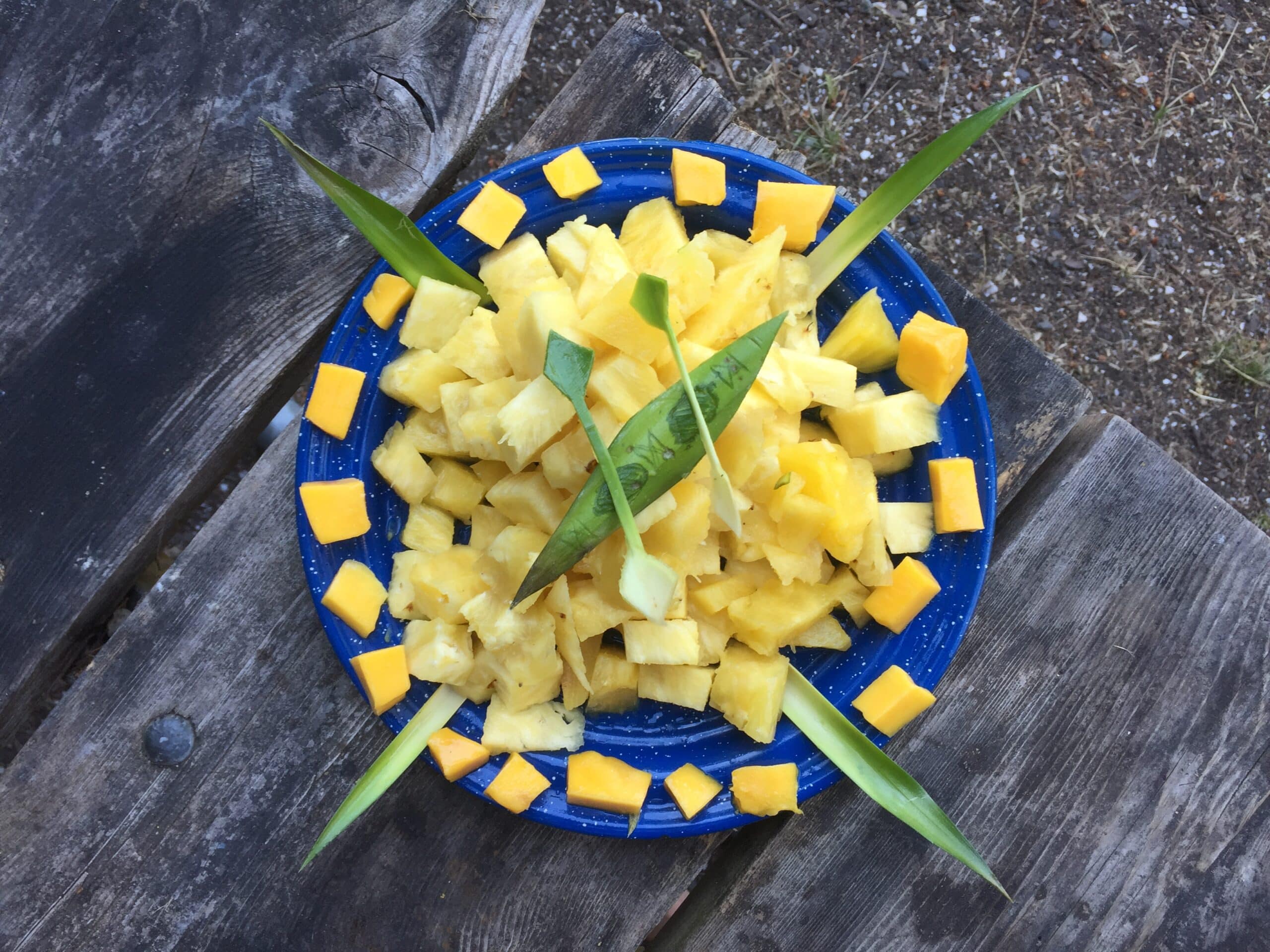 A plate of freshly cut pineapple pieces arranged with decorative pineapple leaves on a blue plate set on a wooden surface