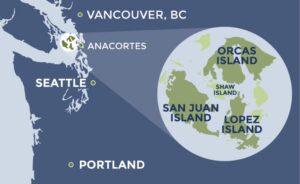 A map showing the location of Friday Harbor and the San Juan Islands in relation to Vancouver and Seattle