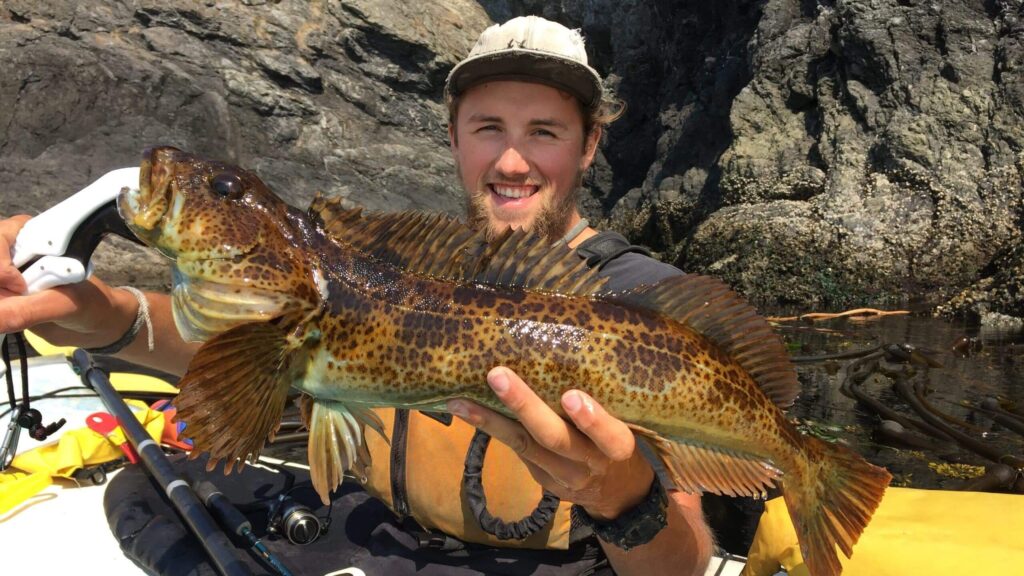 Man in a kayak smiling and holding up a large spotted fish he caught with rocky cliffs in the background and fishing gear visible in the kayak