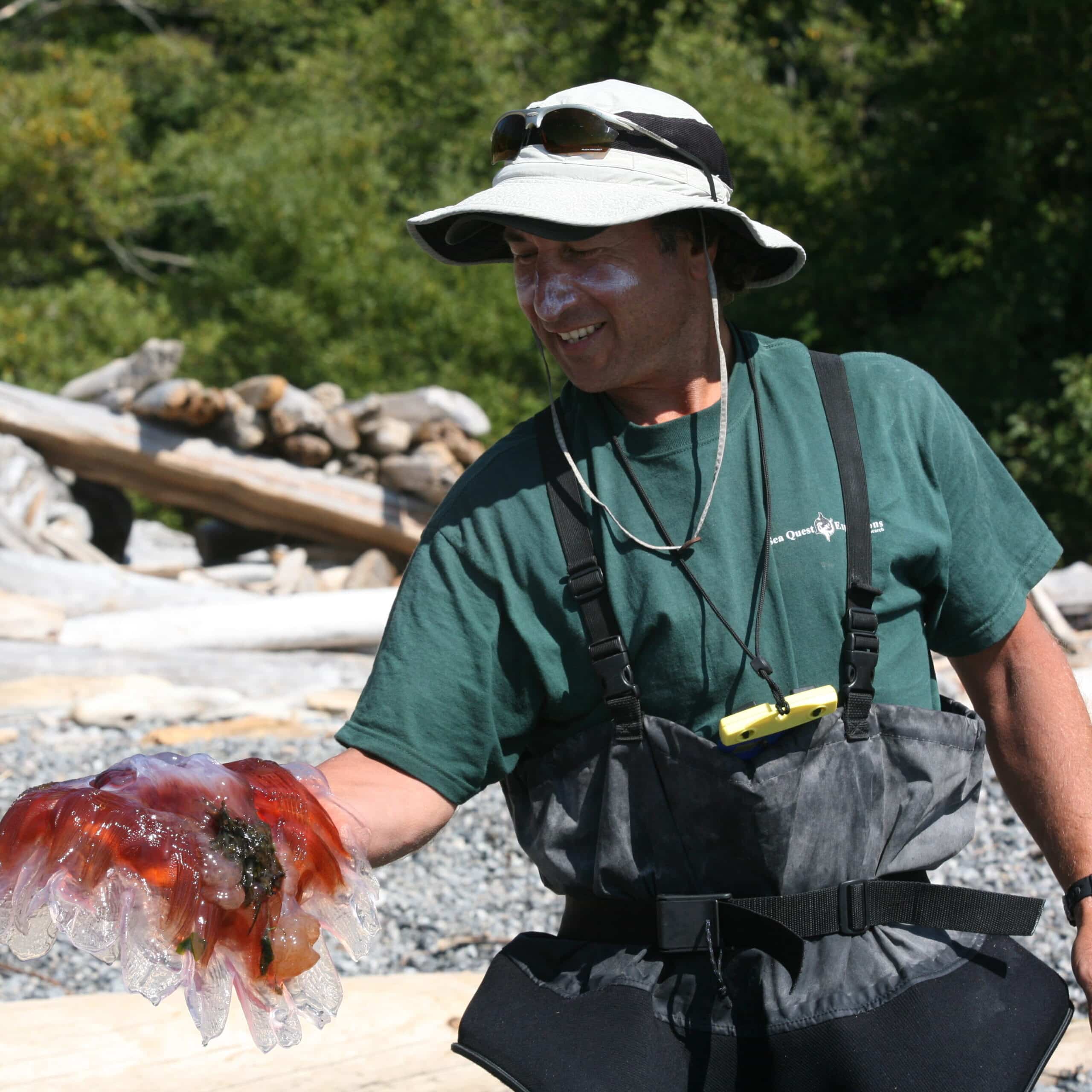 Man wearing a wide brimmed hat sunglasses and a green shirt with black overalls holding a large jellyfish in his hand while standing on a rocky beach with driftwood and greenery in the background