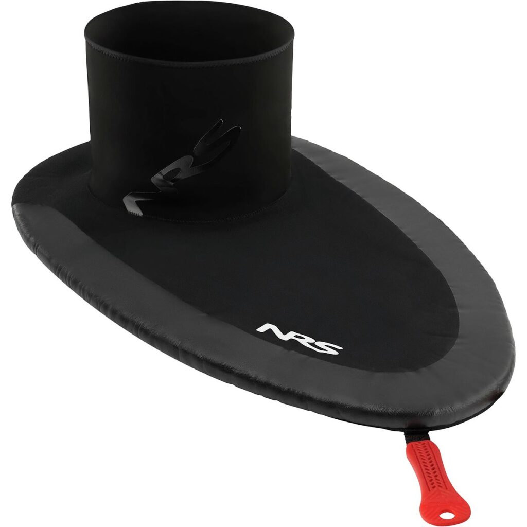 A black NRS kayak spray skirt with a red pull tab
