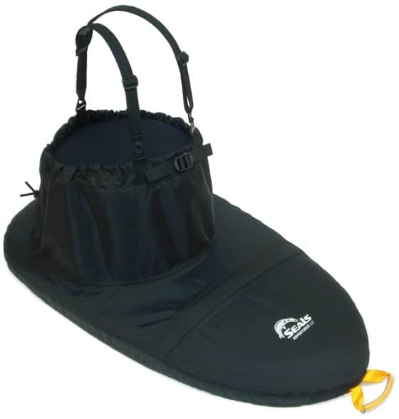 A black Seals kayak spray skirt with adjustable shoulder straps and a yellow pull tab
