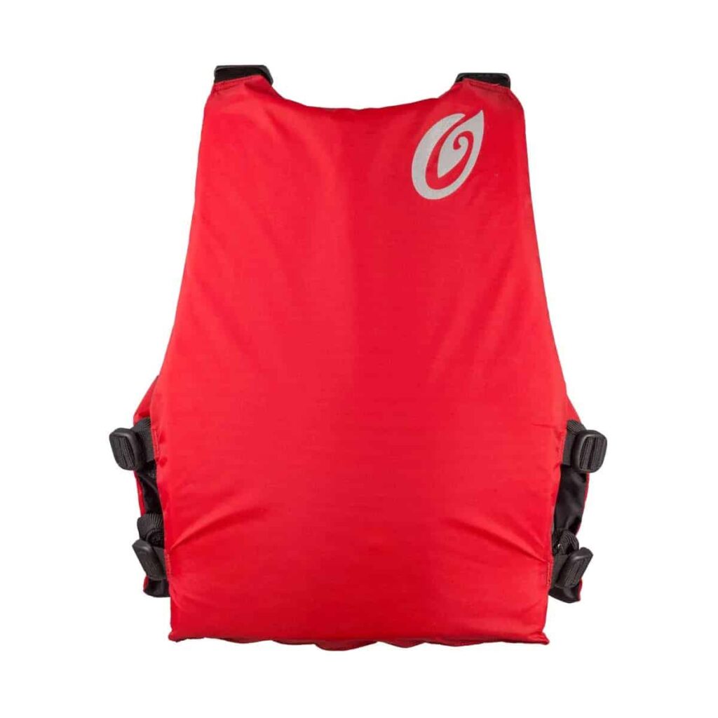 The back view of a red Old Town life jacket featuring black adjustable side straps and a logo in the upper right corner
