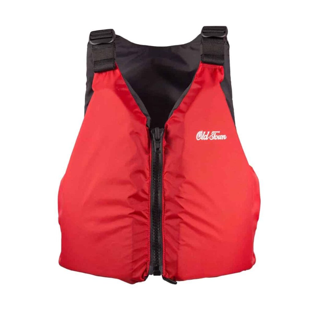 A red Old Town life jacket with black adjustable shoulder straps and a front zipper