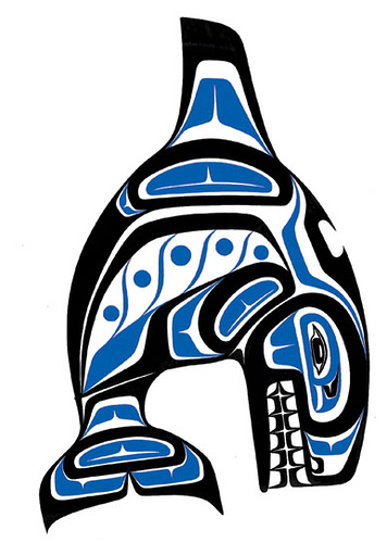 Orca-Art | Sea Quest Kayak Tours A stylized indigenous art representation of an orca in black blue and white