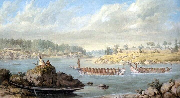 A historical painting depicting two long canoes filled with indigenous people navigating a river with a settlement and forested landscape in the background