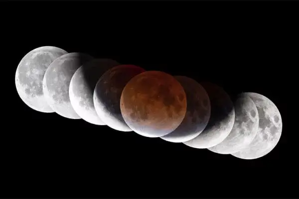 A composite image showing the phases of a lunar eclipse with the moon transitioning from full to partially eclipsed and back to full