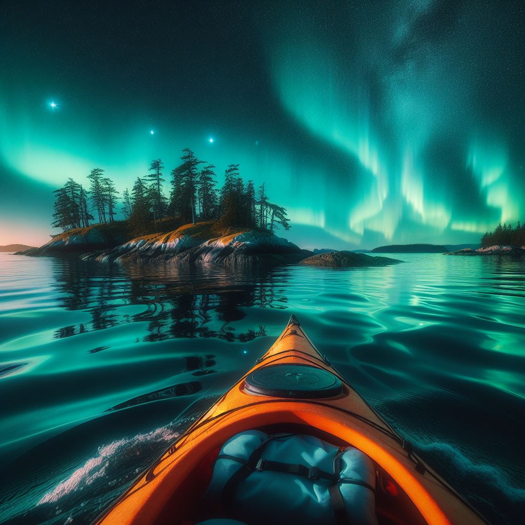 View from a kayak under the stunning Northern Lights, with calm water reflecting the vibrant colors and small rocky islands adorned with trees in the background.
