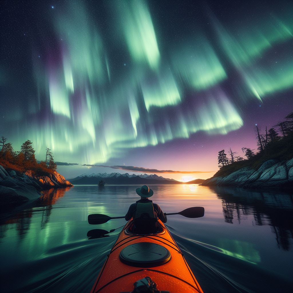 Kayaker under vibrant Northern Lights, with green and purple hues reflecting on calm water, silhouetted by mountains and rocky shores.