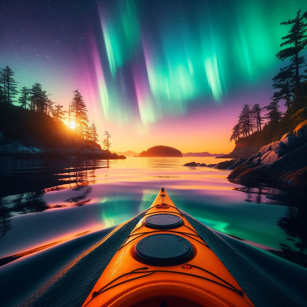 Northern Lights over kayaker in tranquil water, surrounded by silhouetted trees and rocky shores at sunset.