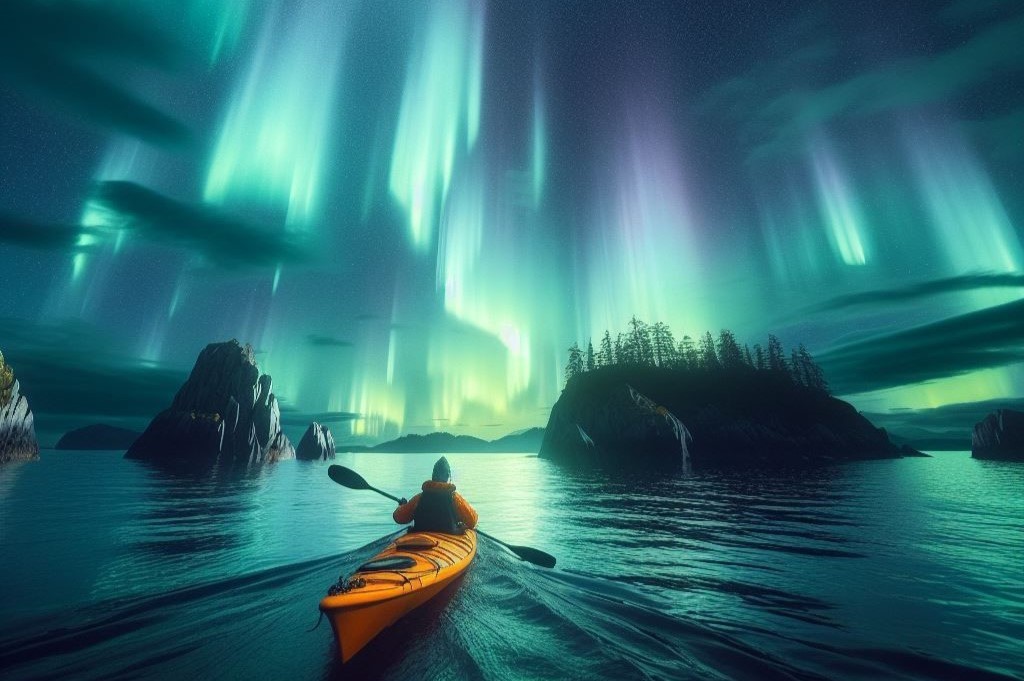 northern-lights-kayaking-friday-harbor-5 | Sea Quest Kayak Tours A person kayaking under a mesmerizing display of the Northern Lights, with rocky islands and calm waters creating a serene scene.