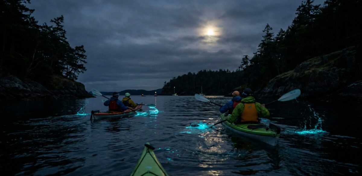 A group of people kayak on a dark, moonlit lake surrounded by trees, blue bioluminescence glowing behind their paddles during a magical Bioluminescence kayak tour in the San Juan Islands.