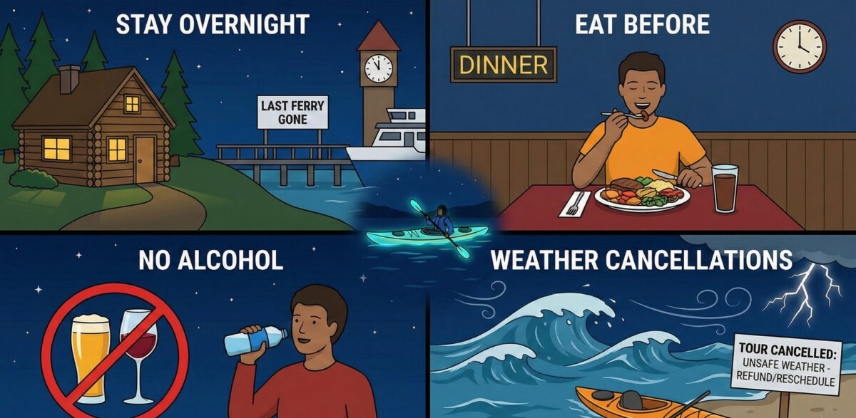 Illustrated guide with tips for your Bioluminescence kayak tour San Juan Islands: stay overnight if the last ferry is gone, eat before kayaking, avoid alcohol, and expect cancellations in unsafe weather.