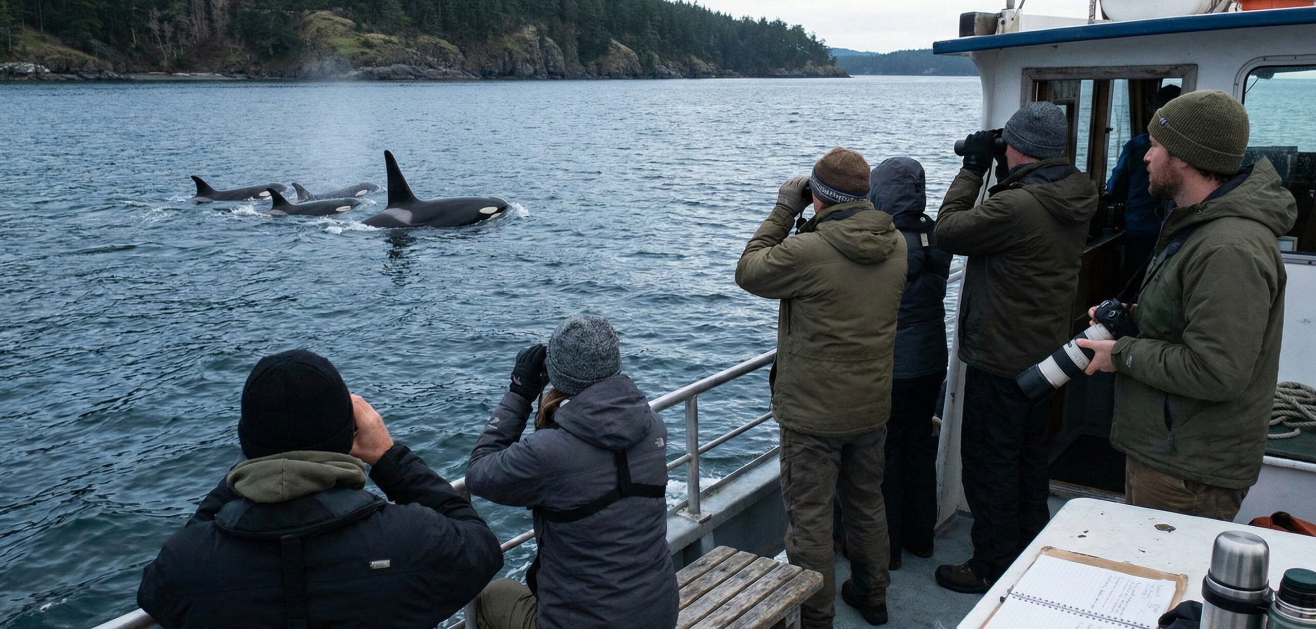 A group of travelers on a whale watching tour in the San Juan Islands looks across the water at a passing orca