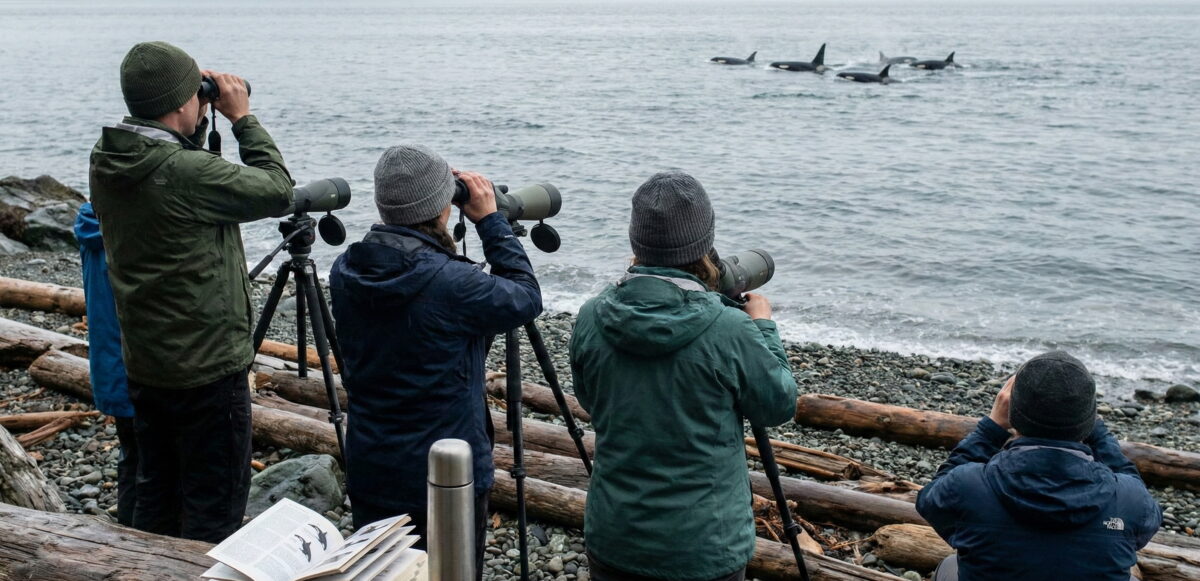 People looking through binoculars at a group of whales in the water during an orca whale watching San Juan Islands 2026 adventure.