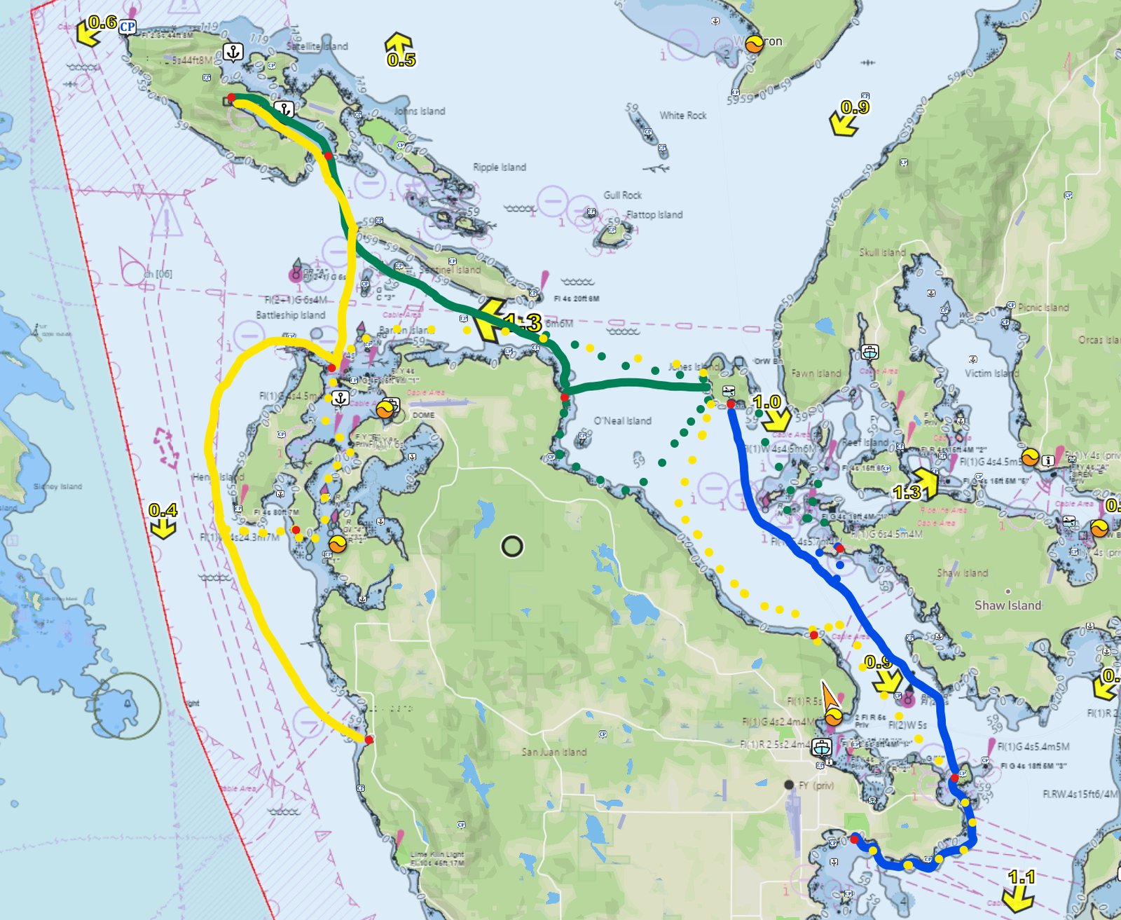 Nautical chart route map of a 3-day sea kayak expedition through Jones Island, Stuart Island, and Spieden Island — Sea Quest Kayak Tours, June 30 to July 2, 2026