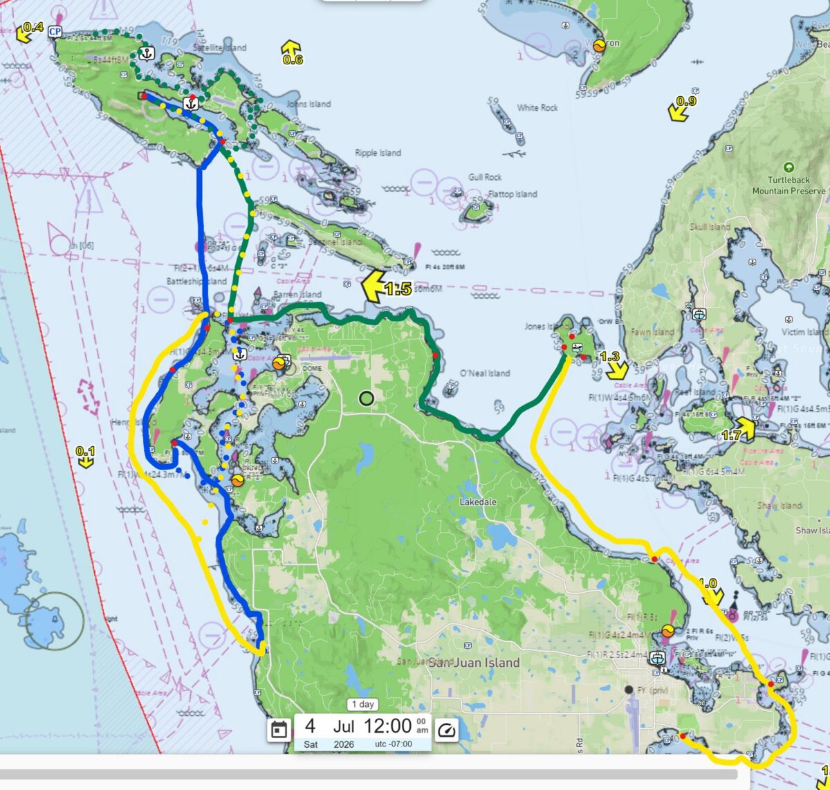 Bald Eagles, Otters & a Wind-Cheat Reroute: A 3-Day Kayak Expedition Through Stuart & Jones Islands (July 3–5, 2026) 3 Nautical chart route map of a 3-day sea kayak expedition through Stuart Island, Jones Island, and San Juan Island channels — Sea Quest Kayak Tours, July 3–5, 2026