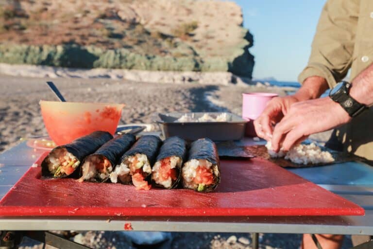 Fresh food being prepared on a baja whale watching expedition